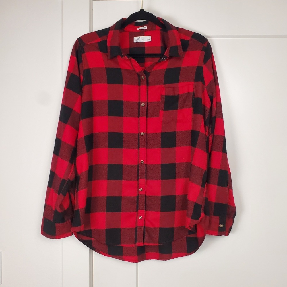 Hollister Flannel Shirt Womens Large Red Black Buffalo Plaid Boyfriend Fit